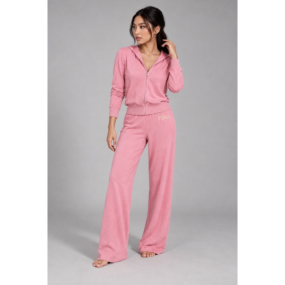 Juicy Couture Rose Pink Knit Tracksuit Set Zip Hoodie Wide Leg Pants Large NWT